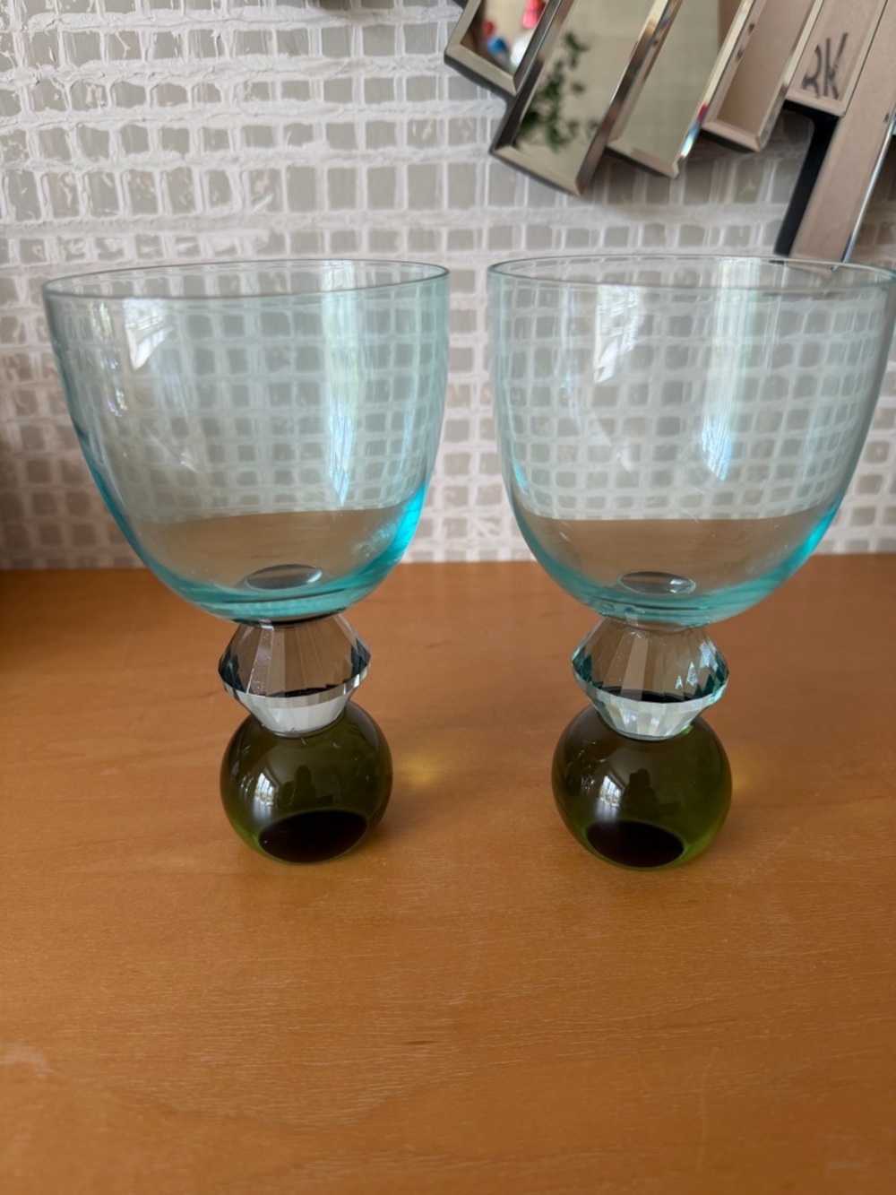 Anthropologie set of 2 Blue Green Glass Goblets